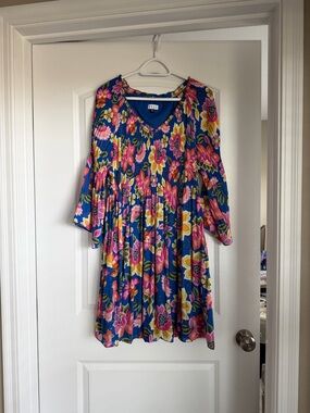 Elle Blue Floral Dress with Pink & Yellow Blooms
